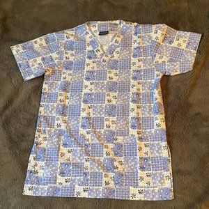 2/$40 Denver Hayes Blue Floral Scrub Top Ladies XS Nurse Uniform Nursing Wear